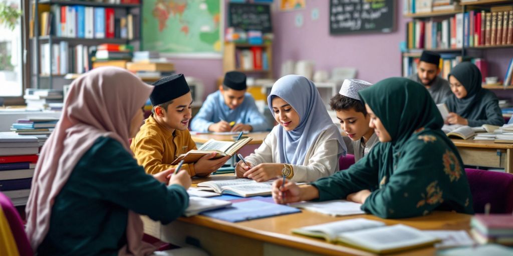 Siswa belajar di kelas Quran dengan pengajar.