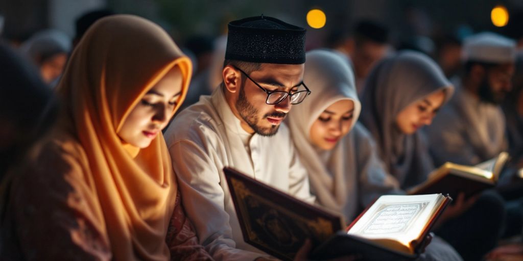 Kelompok orang membaca Al-Qur'an di masjid.