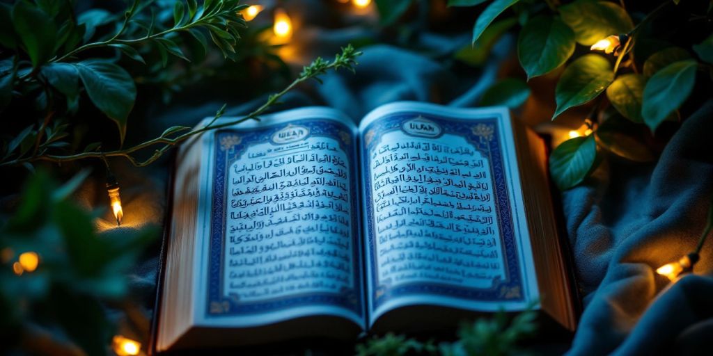 Al-Qur'an terbuka dengan latar alami yang tenang.