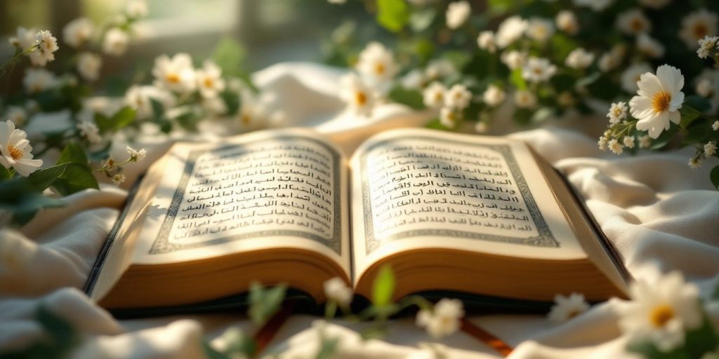 Al-Quran terbuka dikelilingi cahaya alami yang lembut.