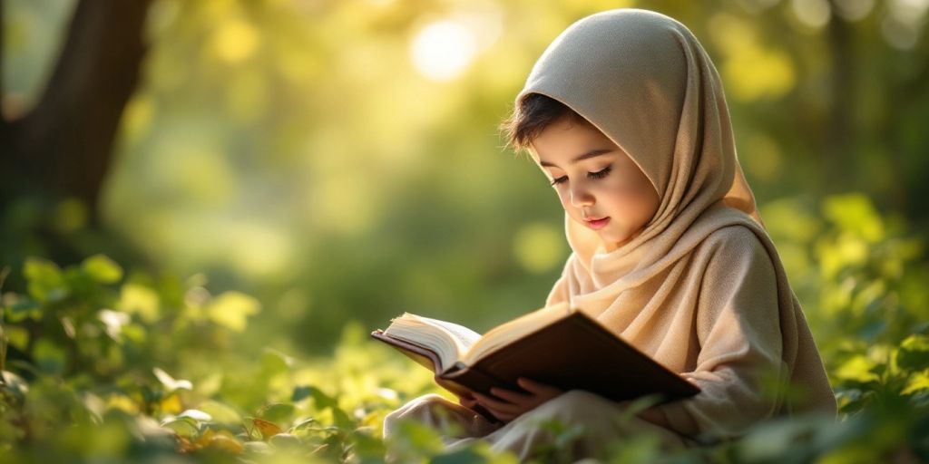 Anak membaca Al-Qur'an di alam terbuka.