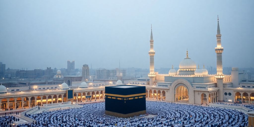 Gambar Kota Suci Makkah dan Madinah dengan peziarah.