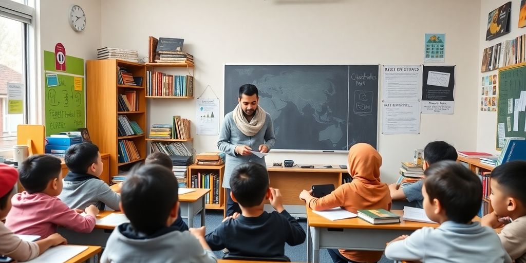 Gambar kelas yang penuh semangat dengan siswa dan guru.